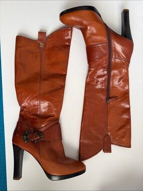 Women's Tall Leather Boots in Shiny Cognac - Classic Heeled Riding Style